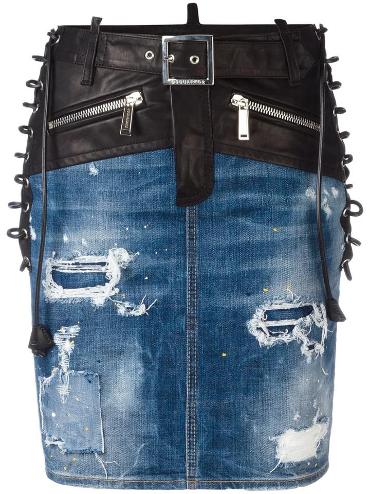 Dsquared2 Bondage Denim Skirt, Women's, Size: 40, Blue, Cotton/spandex/elastane/calf Leather/polyester
