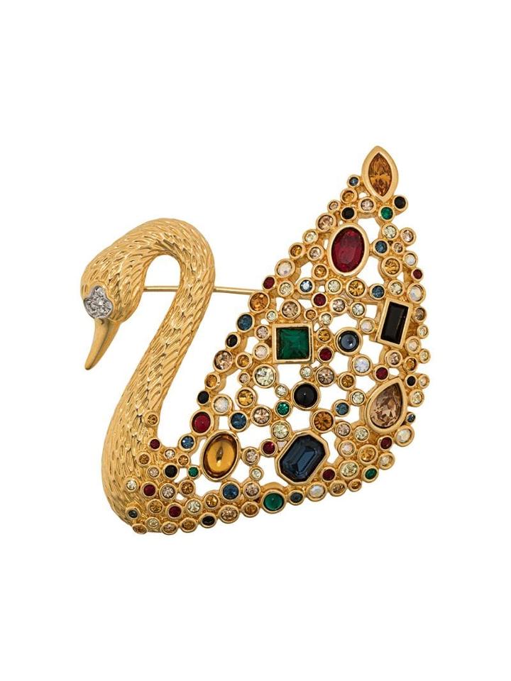 Susan Caplan Vintage 1970's Swarovski Swan Brooch - Gold