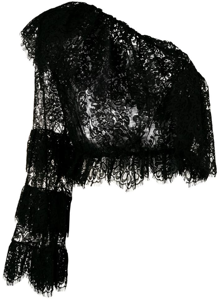 Dundas One Shoulder Ruffled Lace Top - Black
