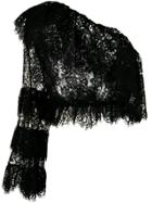 Dundas One Shoulder Ruffled Lace Top - Black