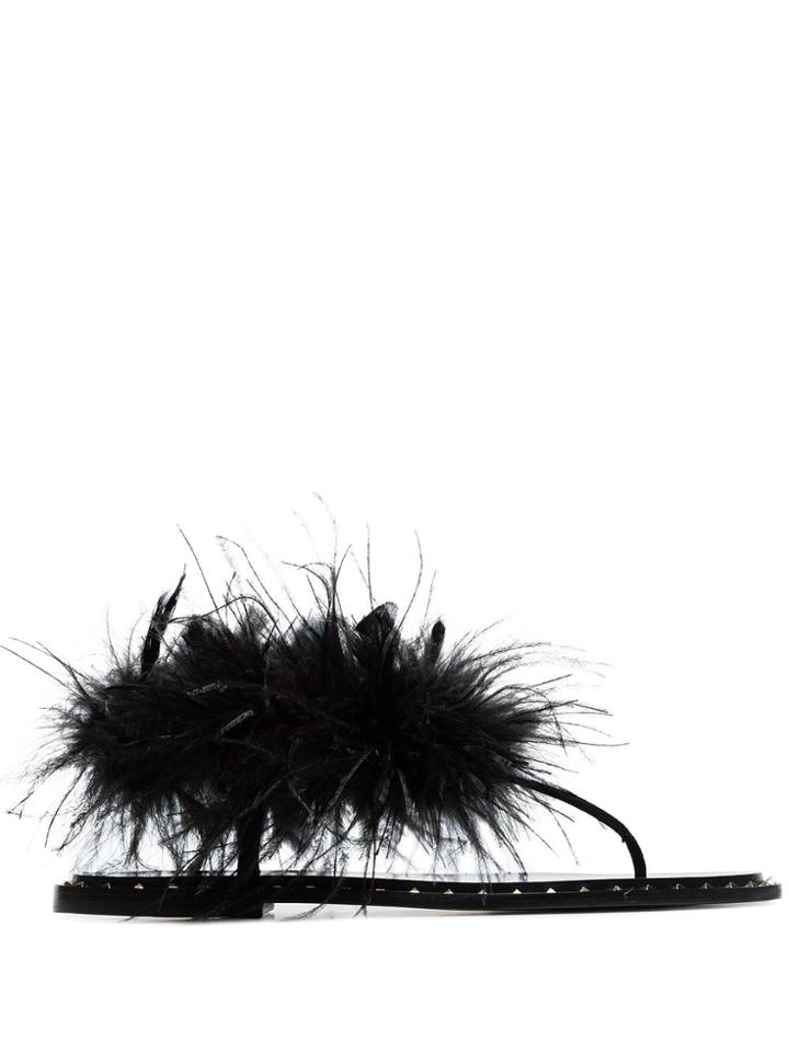 Valentino Valentino Garavani Feather Embellished Thong Sandals - Black