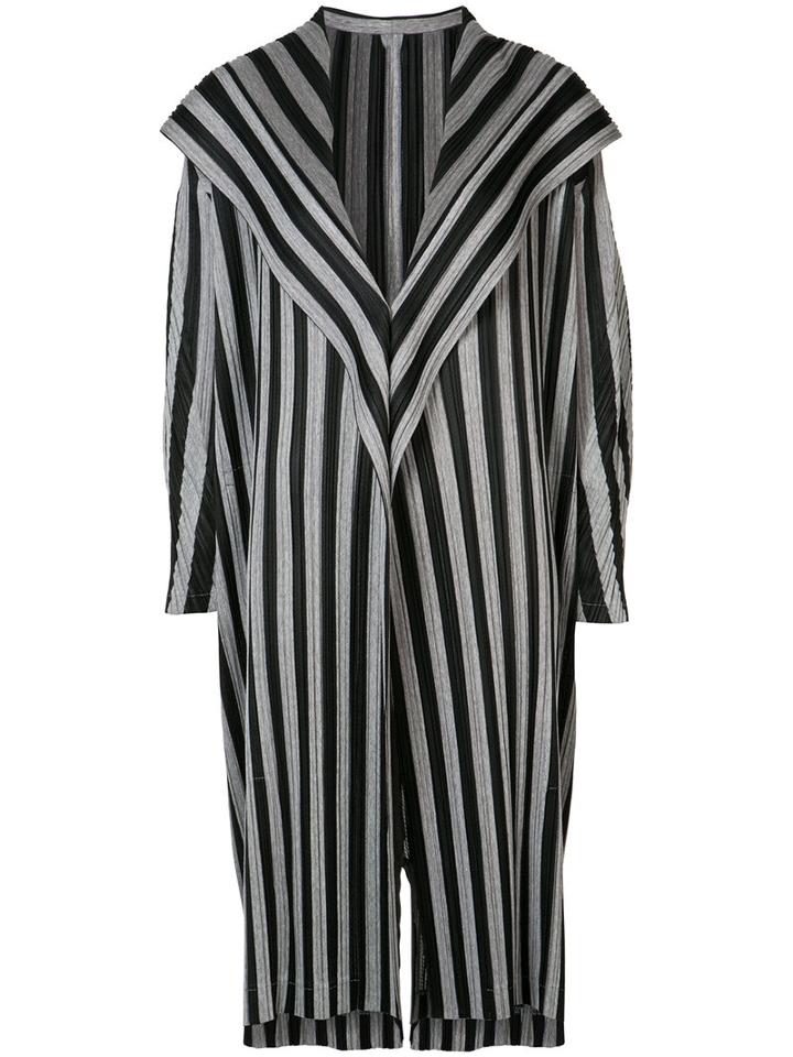 Pleats Please By Issey Miyake - Striped Coat - Women - Polyester - 5, Black, Polyester