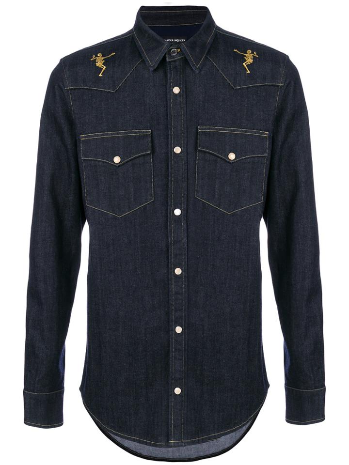 Alexander Mcqueen Skeleton Patch Denim Shirt - Blue