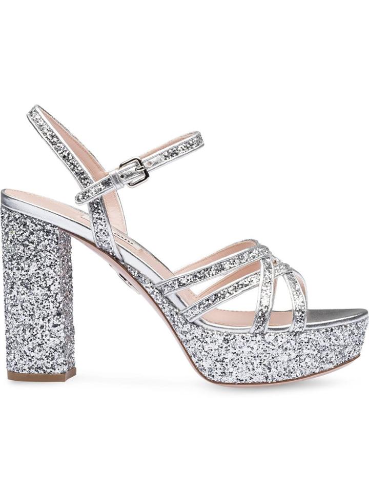 Miu Miu Glitter Platform Sandals - Silver
