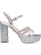 Miu Miu Glitter Platform Sandals - Silver