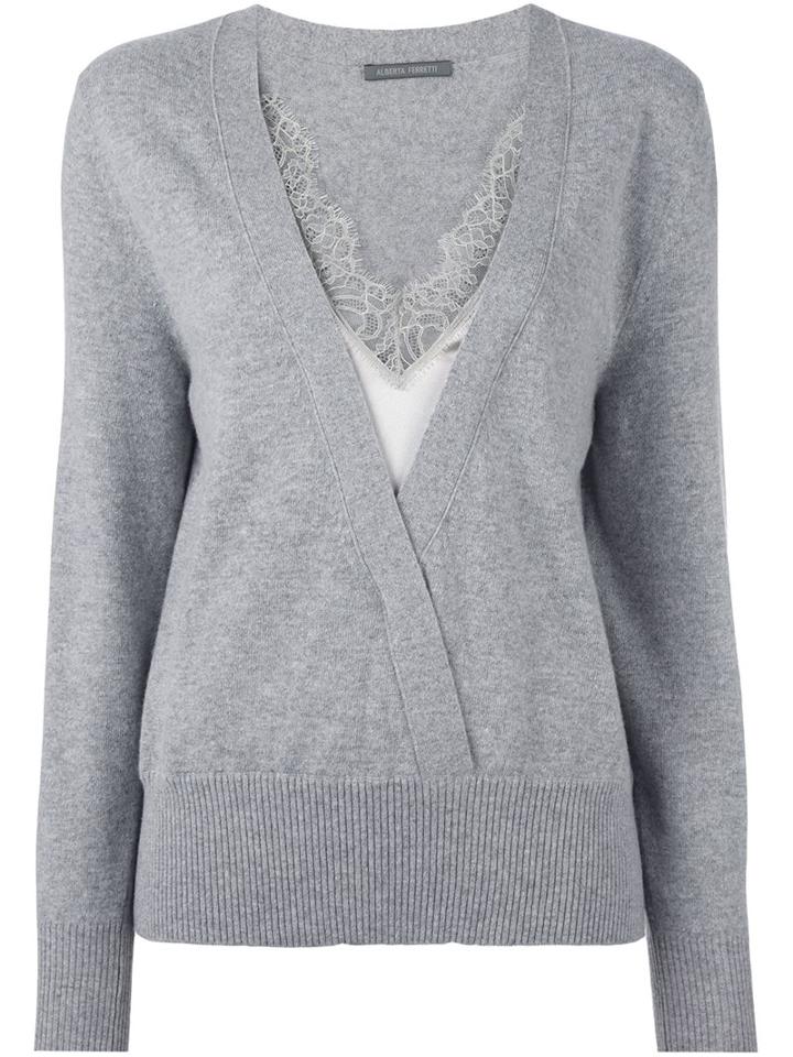 Alberta Ferretti Lace Inset V Neck Jumper, Women's, Size: 38, Grey, Silk/cashmere/virgin Wool