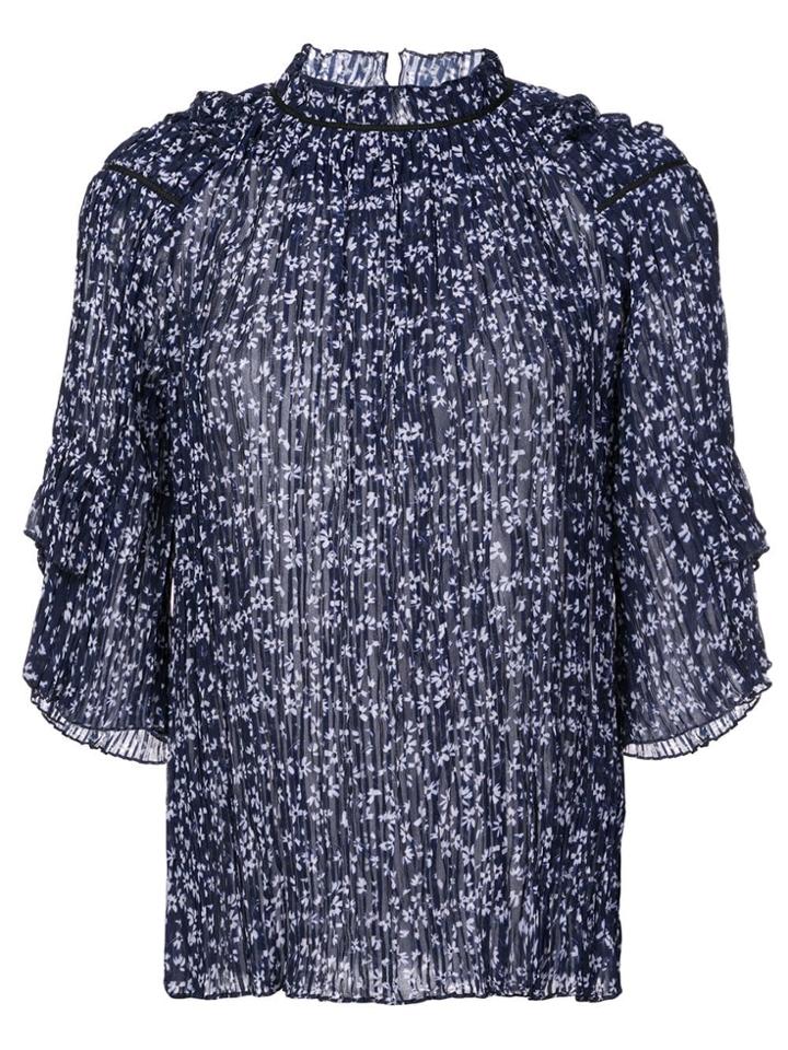 Saloni Floral Print Ruffle Blouse - Blue