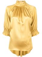 Adam Lippes Silk Charmeuse Mockneck Blouse With Smocked Sleeves -