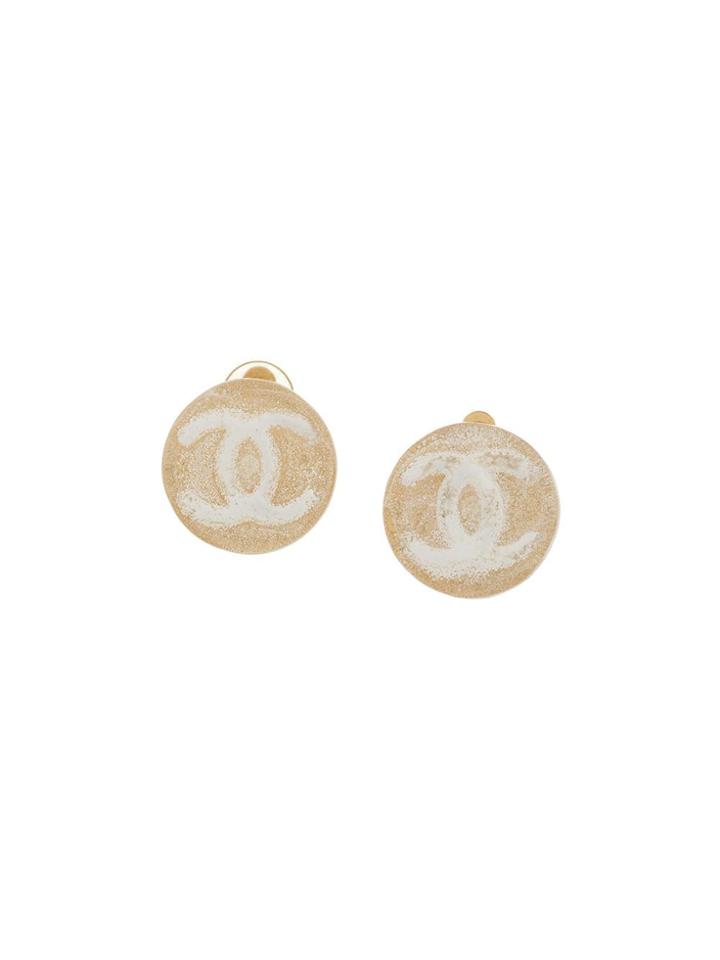 Chanel Vintage Cc Logo Button Earrings - White