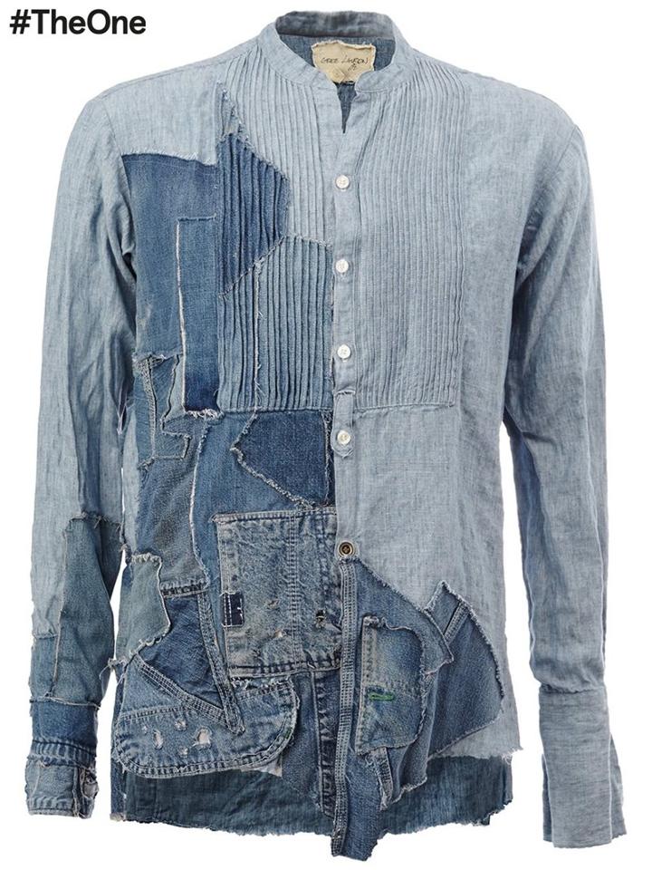 Greg Lauren Patchwork Denim Shirt, Men's, Size: 2, Blue, Cotton/linen/flax