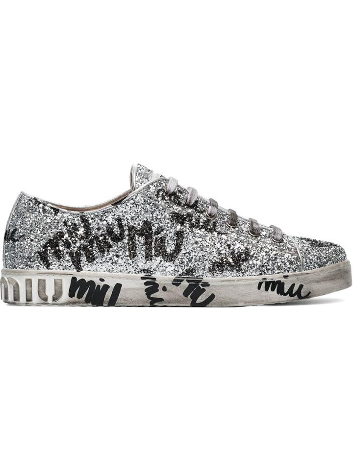 Miu Miu Silver Logo Graffiti Glitter Leather Sneakers - Metallic