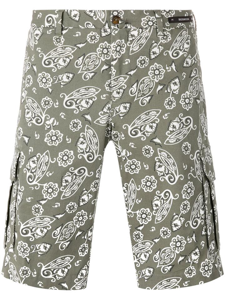 Pt01 Paisley Print Shorts, Men's, Size: 50, Green, Cotton/spandex/elastane