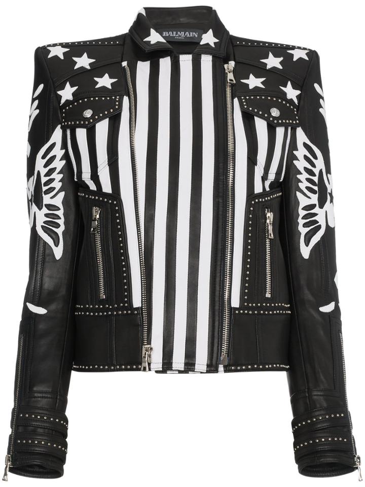 Balmain Leather Jacket With Stars And Stripes - Black