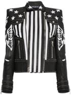 Balmain Leather Jacket With Stars And Stripes - Black