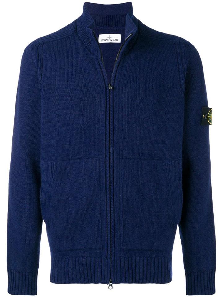 Stone Island Logo Patch Zipped Cardigan - Blue