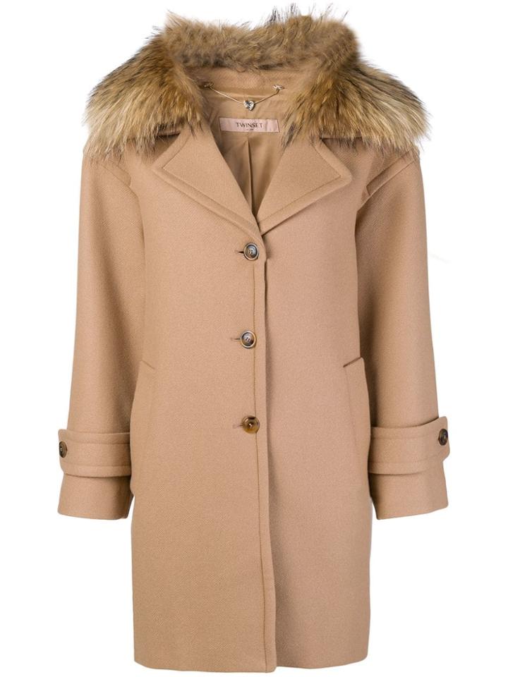 Twin-set Fur Collar Single-breasted Coat - Brown