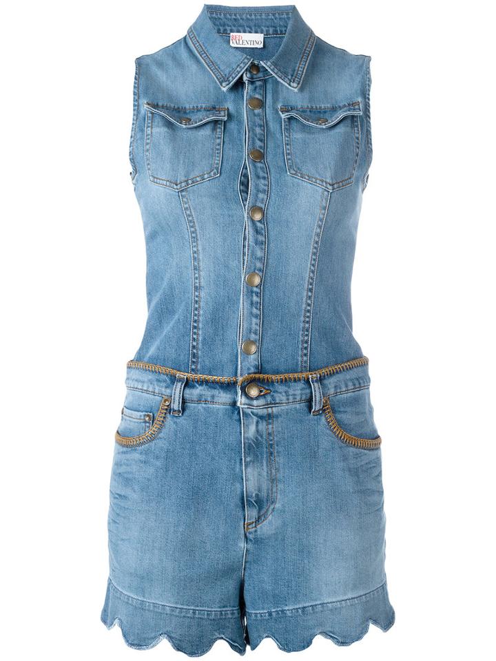 Red Valentino Scalloped Hem Denim Playsuit, Women's, Size: 42, Blue, Cotton/polyester/spandex/elastane