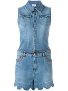 Red Valentino Scalloped Hem Denim Playsuit, Women's, Size: 42, Blue, Cotton/polyester/spandex/elastane