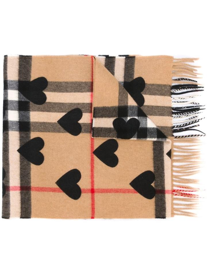 Burberry Printed Heart Checked Scarf, Women's, Black, Cashmere