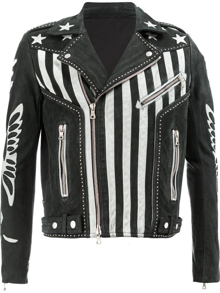 Balmain American Flag Print Leather Jacket - Black