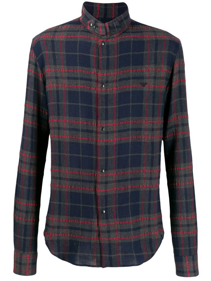 Emporio Armani Band Collar Plaid Shirt - Blue