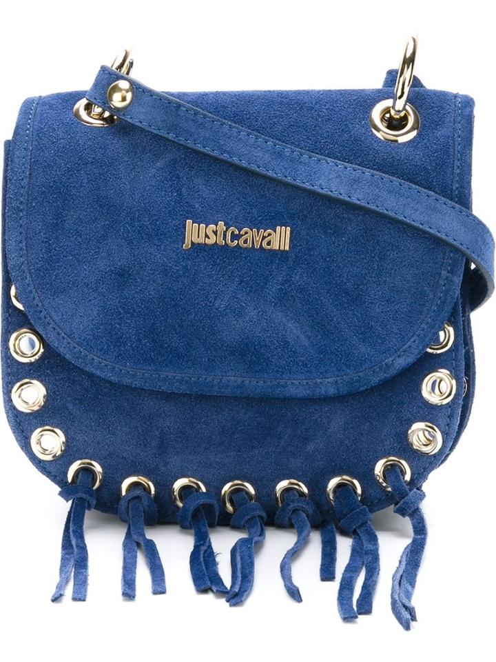 Just Cavalli Fringed Cross Body Bag, Women's, Blue, Calf Suede