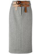 Tom Ford Herringbone Straight Skirt, Women's, Size: 38, Black, Silk/calf Leather/cashmere/virgin Wool