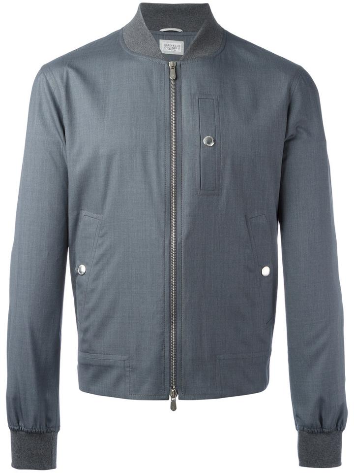 Brunello Cucinelli Zipped Bomber Jacket, Men's, Size: 52, Grey, Silk/wool/cotton