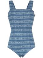 Balmain Logo Stripe Denim Bodysuit - Blue