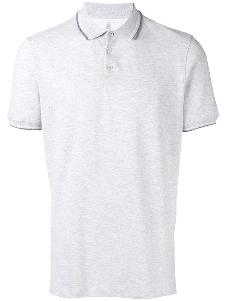 Brunello Cucinelli Striped Trim Polo Shirt, Men's, Size: Medium, Grey, Cotton
