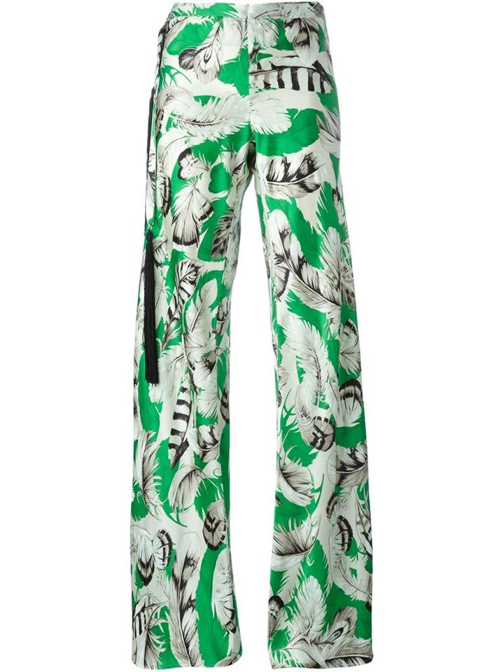 Roberto Cavalli Feather Print Palazzo Trousers, Women's, Size: 42, White, Silk
