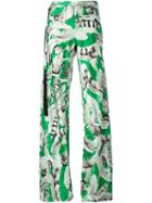 Roberto Cavalli Feather Print Palazzo Trousers, Women's, Size: 42, White, Silk