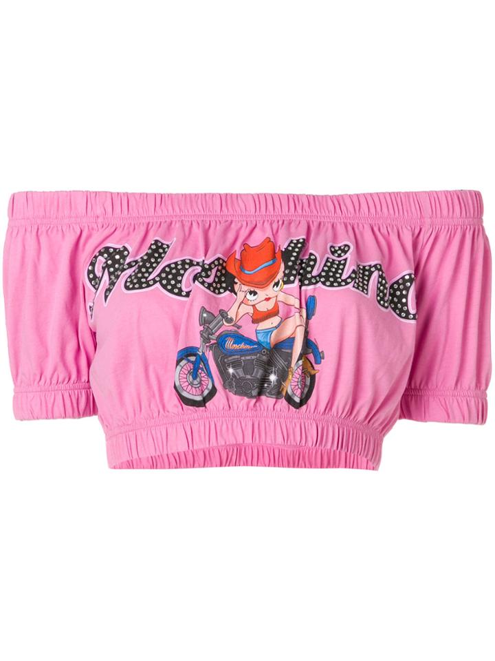 Moschino Shirred Bardot Crop Top - Pink & Purple