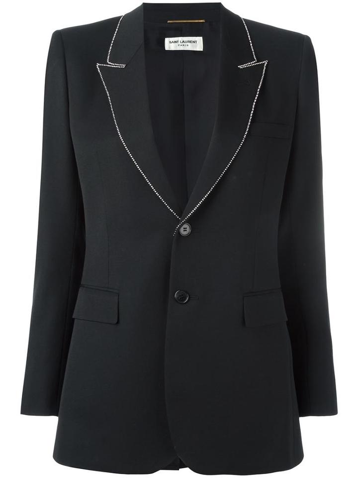 Saint Laurent Embellished Trim Lapel Blazer, Women's, Size: 42, Black, Virgin Wool/cotton/silk