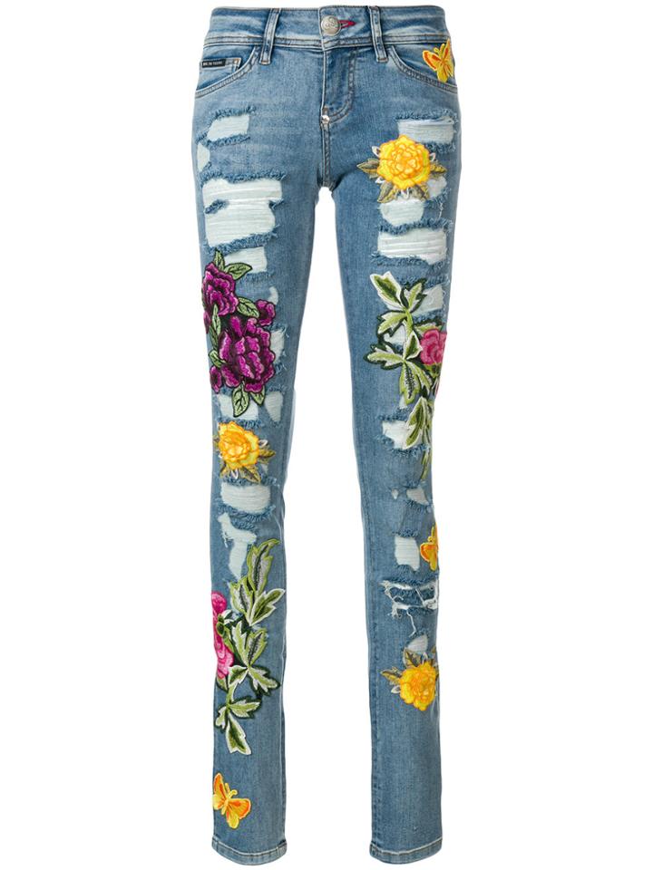 Philipp Plein Rose Patch Distressed Skinny Jeans - Blue