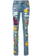 Philipp Plein Rose Patch Distressed Skinny Jeans - Blue