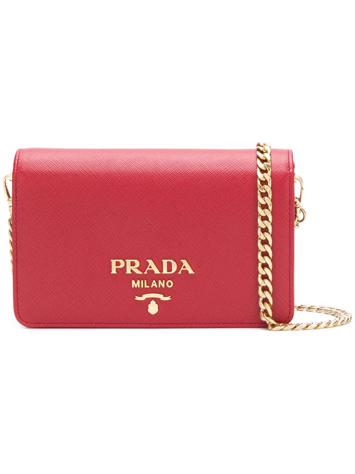 Prada Saffiano Logo Plaque Shoulder Bag - Red