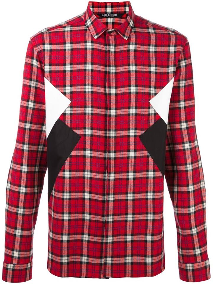 Neil Barrett Panelled Check Shirt, Men's, Size: 40, Red, Cotton