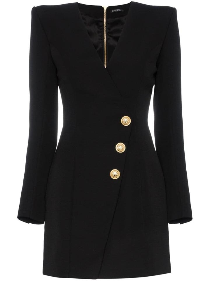 Balmain Plunge Neck Button Dress - Black