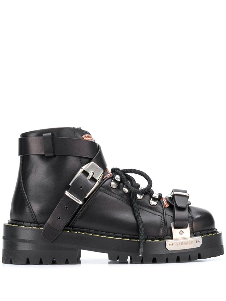 Versace Buckled Strap Cargo Boots - Black