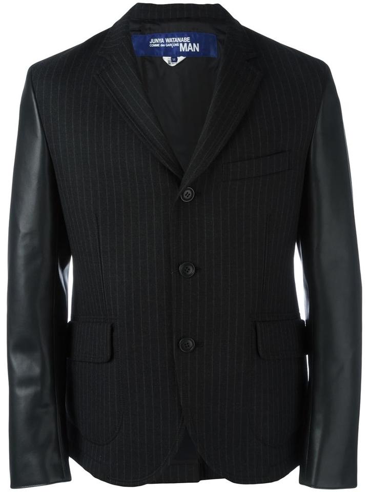 Junya Watanabe Comme Des Garçons Man Contrast Sleeve Pinstripe Jacket, Men's, Size: Large, Black, Cupro/wool/nylon/artificial Leather
