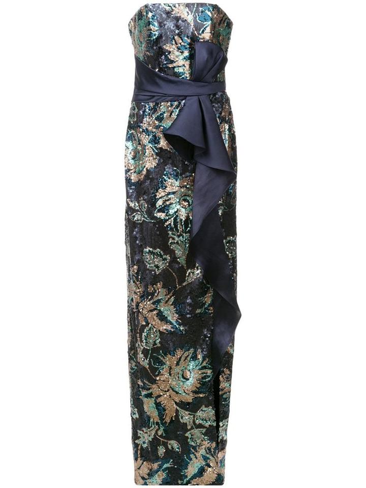 Marchesa Notte Sequined Peony Evening Gown - Blue