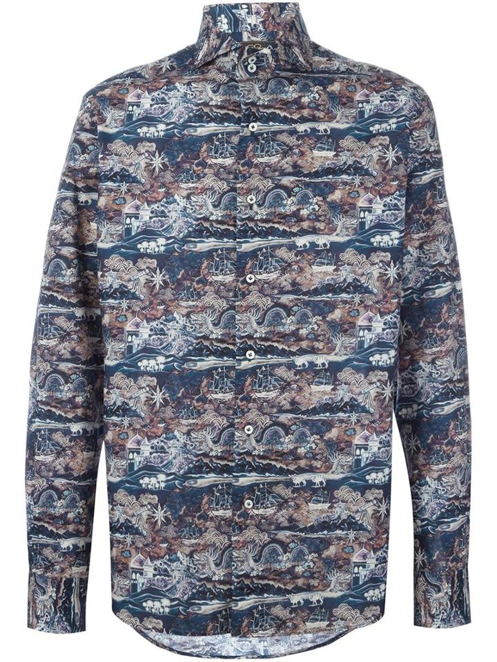 Gabriele Pasini Landscape Print Shirt, Men's, Size: 43, Blue, Cotton