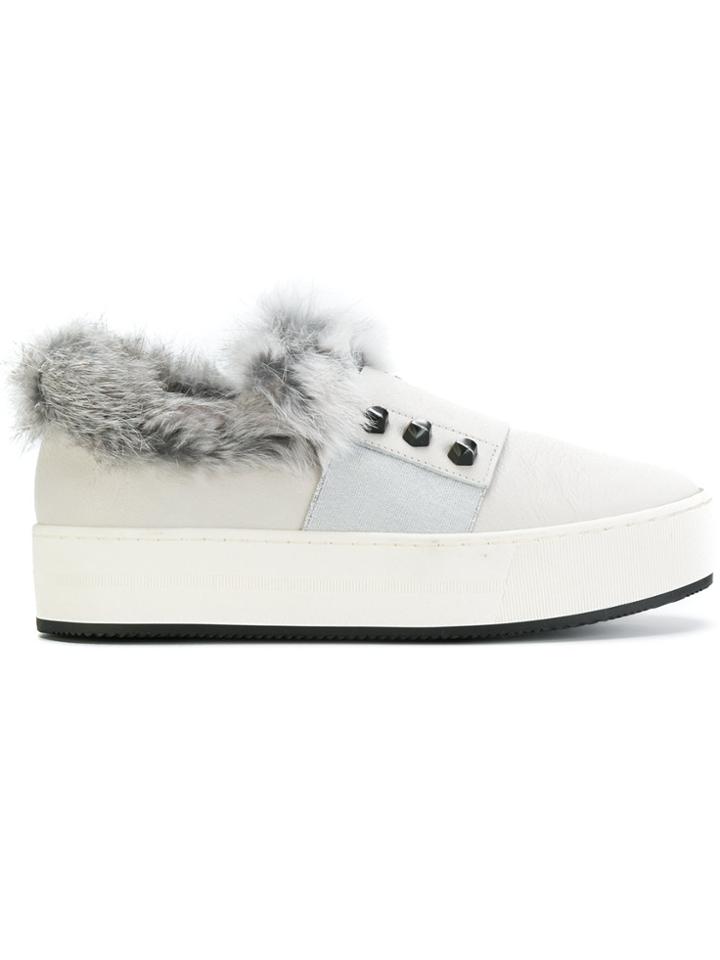 Henry Beguelin Rabbit Fur Trimmed Slip On Sneakers - White