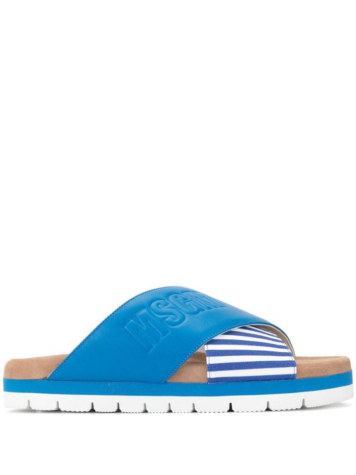 Msgm Striped Cross Strap Slippers - Blue