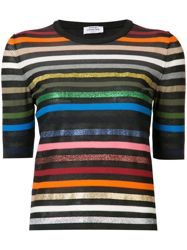 Sonia Rykiel Short-sleeve Striped Rainbow Sweater, Women's, Size: Xs, Black, Cotton/polypropylene