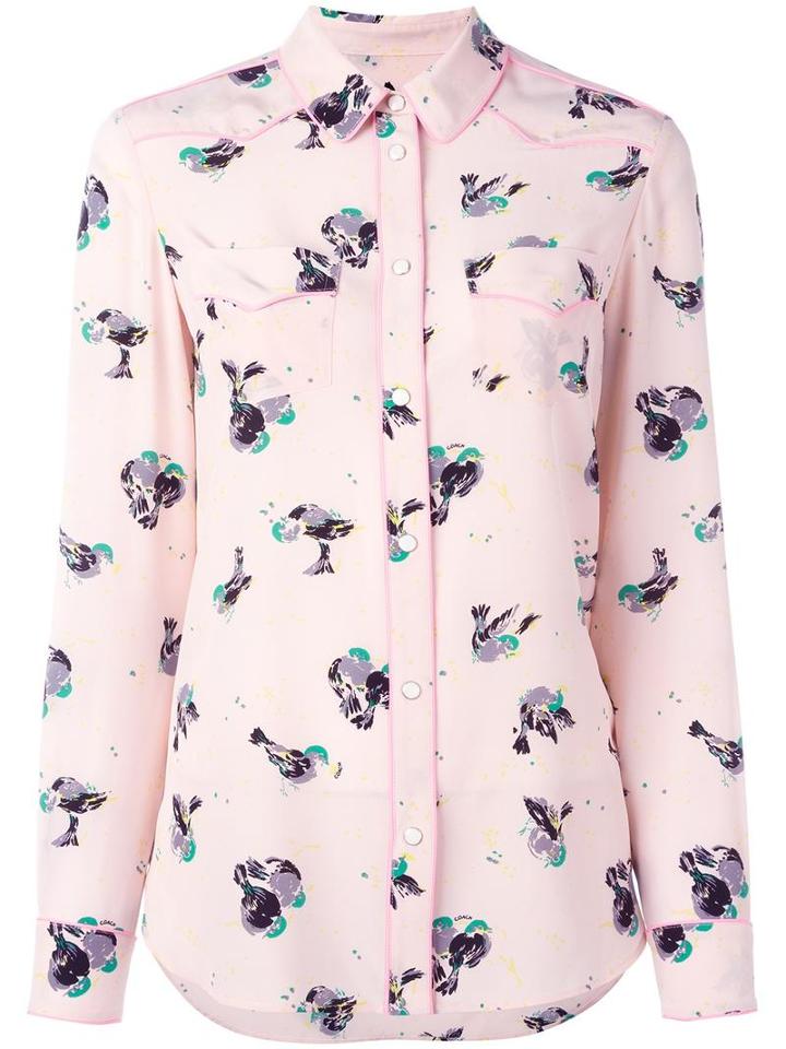 Coach Bird Print Shirt, Women's, Size: 6, Pink/purple, Silk