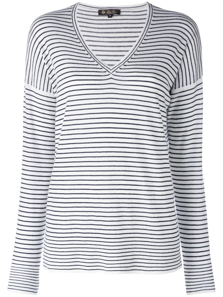 Loro Piana Striped V-neck Jumper, Women's, Size: Large, White, Cashmere