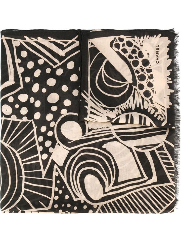 Chanel Vintage Illustration Print Scarf, Women's, Black