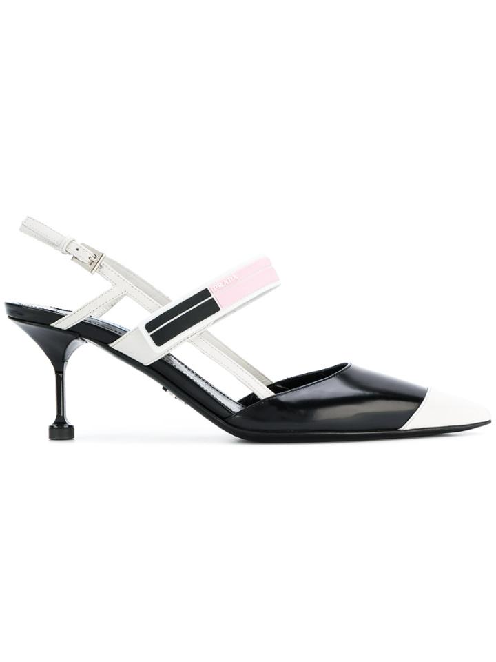 Prada Black White Logo 65 Leather Slingbacks